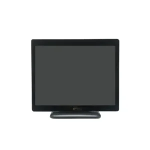 Front-facing view of black touchscreen monitor with clear screen display and stable base for business applications