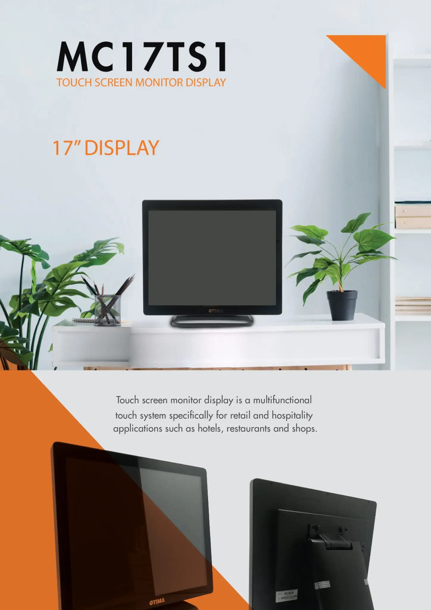 Professional 17-inch touchscreen monitor showcasing MC17TS1 model in contemporary workspace environment