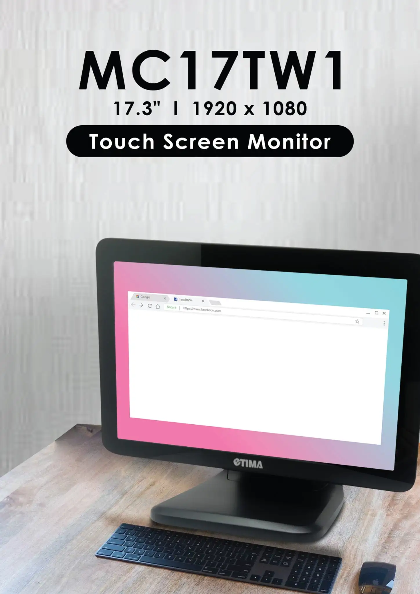 Professional MC17TW1 touchscreen display featuring high resolution screen with web browser interface and keyboard setup