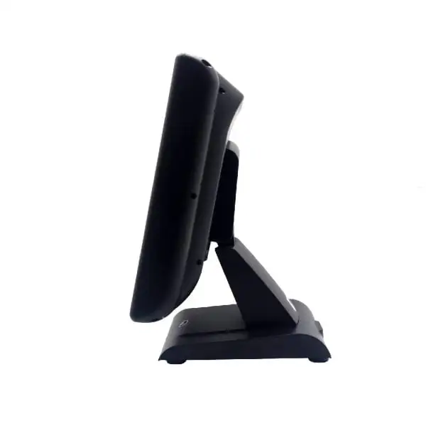 MC1912-Intel-I3-Pos-Terminal3 Angled perspective of desktop POS terminal displaying tilted screen configuration and stable base support