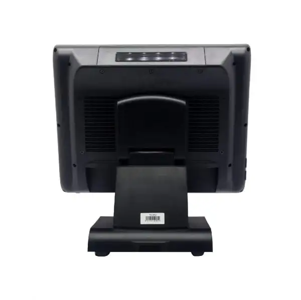 MC1912-Intel-I3-Pos-Terminal4jpg Back angle perspective of touchscreen POS terminal with cooling vents and sturdy desktop stand mount