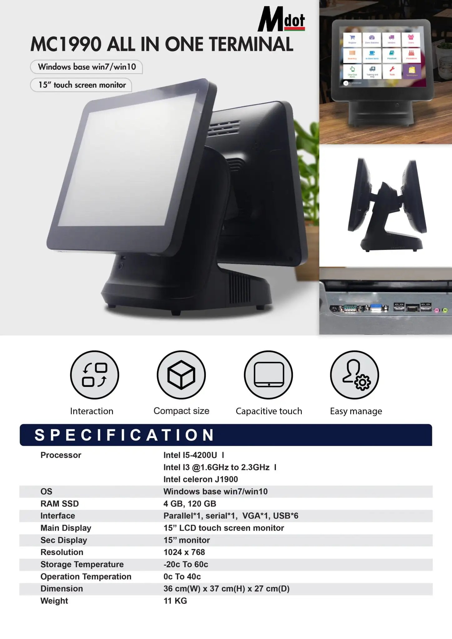 Dual-display POS terminal MC1990 featuring touchscreen interface, Windows OS, and compact form factor design