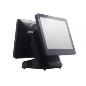 Side angle view of dual-screen POS terminal with tilted main display and secondary customer-facing monitor