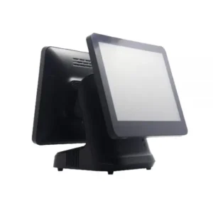 Black dual-screen POS terminal with tilted main display and secondary customer screen in modern design