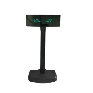 Green text customer POS display showing "HAVE A NICE DAY" message on black screen with stable base mount
