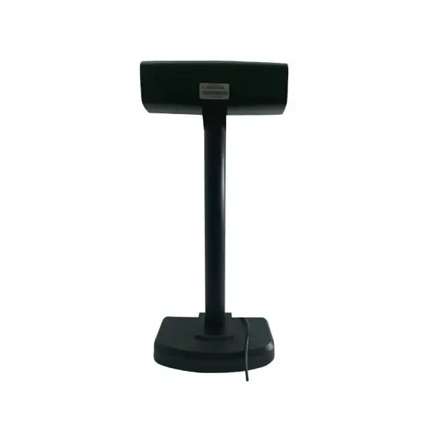 MC2016-VFD-Monitor-Display2 Rear perspective of customer POS display revealing technical labeling and connectivity ports for system setup