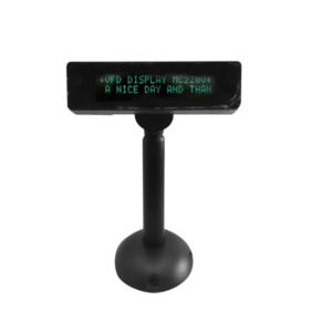 Green text customer POS display showing "HAVE A NICE DAY" message on black VFD screen with pole mount
