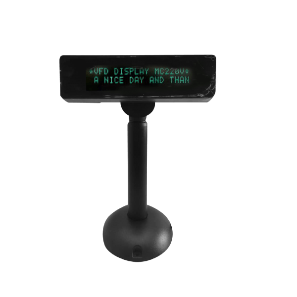 MC220V-Monitor-Display Green text customer POS display showing "HAVE A NICE DAY" message on black VFD screen with pole mount