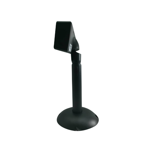 MC220V-Monitor-Display2 Side view of black customer POS display with tilted screen angle and stable round base for optimal positioning