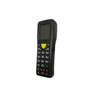 Compact mobile POS terminal with LCD screen, yellow function button, and numeric keypad for data entry