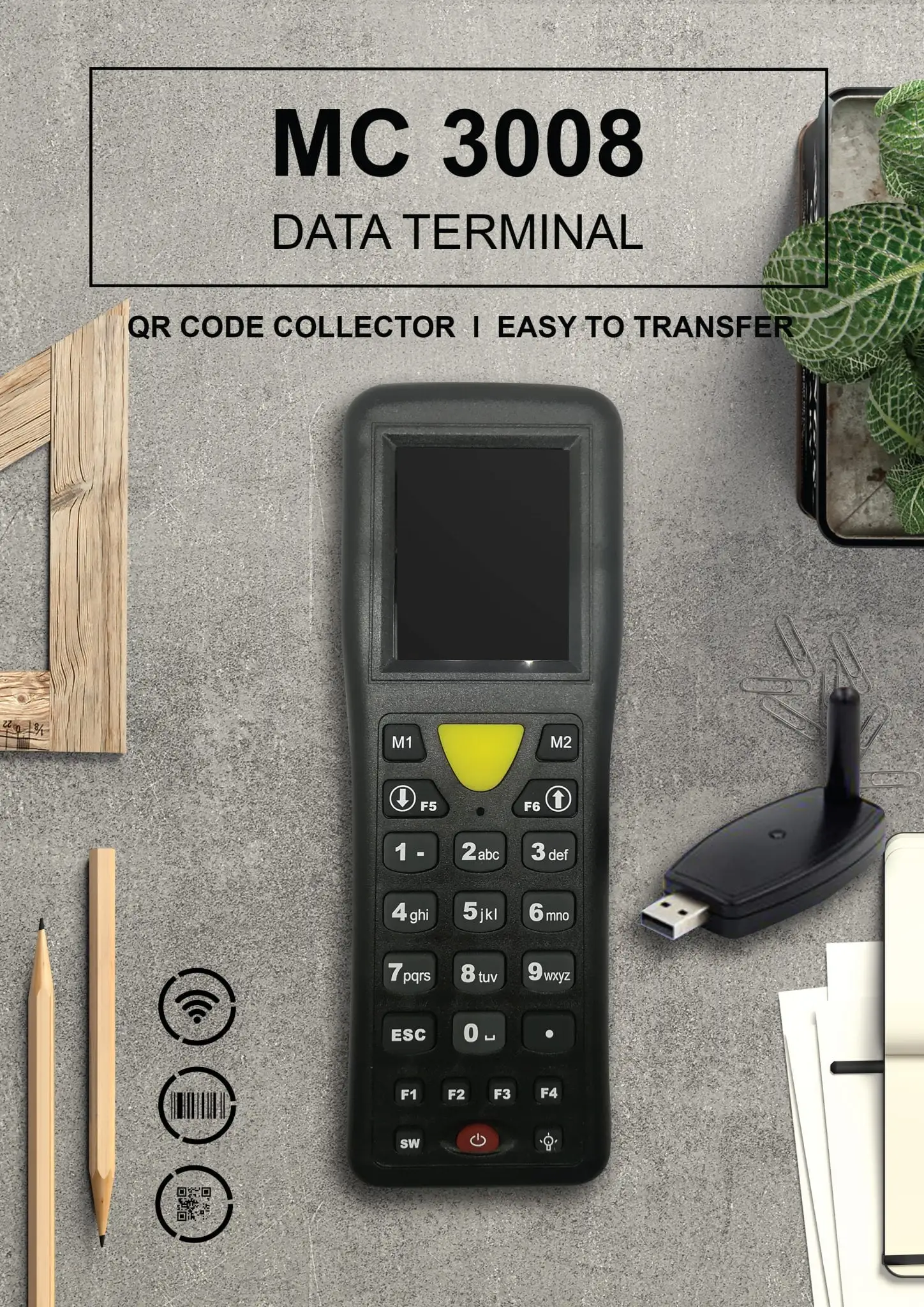 Product presentation of MC3008 data scanner highlighting barcode scanning capabilities and data transfer features