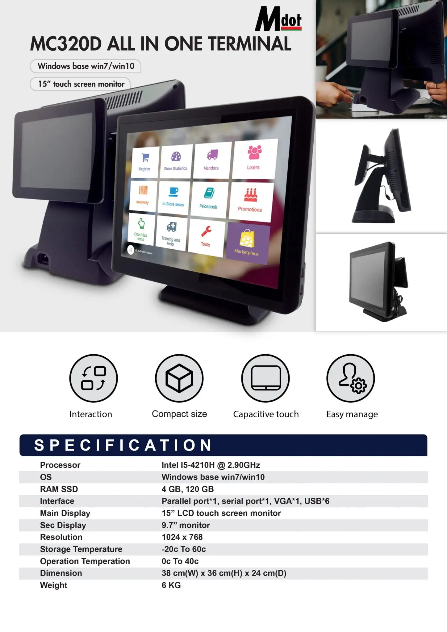 MC320-Intel I5 Dual-screen black point-of-sale terminal specification showing retail management interface