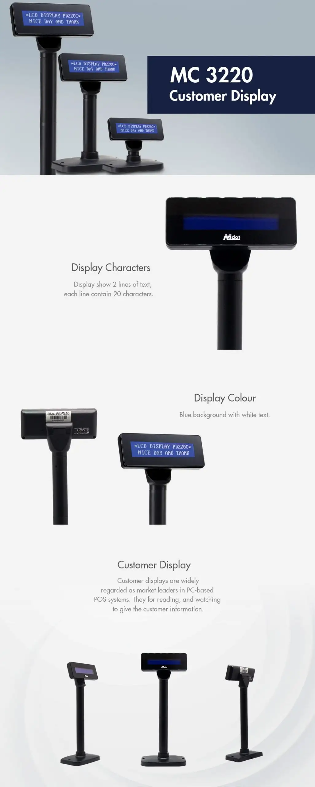 MC 3220 customer POS display system featuring multiple height options and blue LCD screens for retail use
