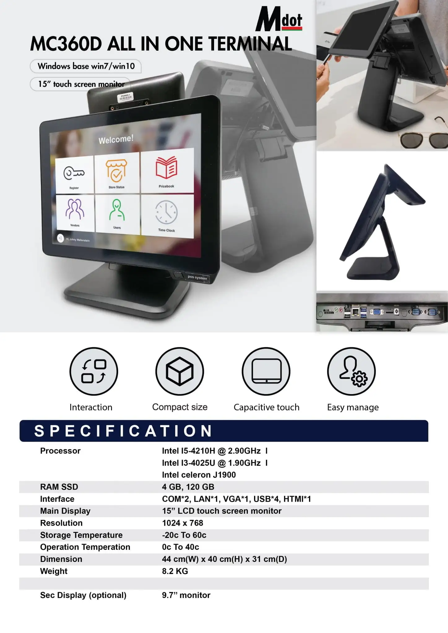 MC360D all-in-one POS terminal specification showing touchscreen interface and technical capabilities