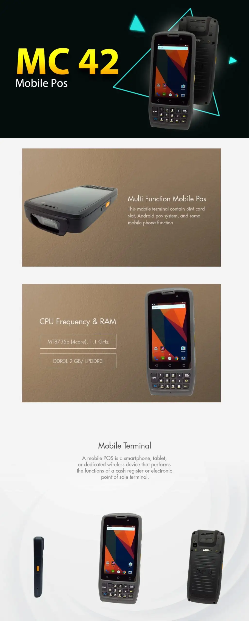 MC 42 mobile POS product showcase featuring MTK735h processor, 2GB RAM, and Android system specifications