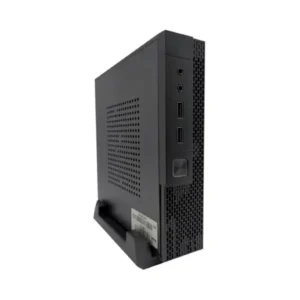Compact black mini PC with ventilation grille, USB ports, and vertical stand for space-saving desktop computing