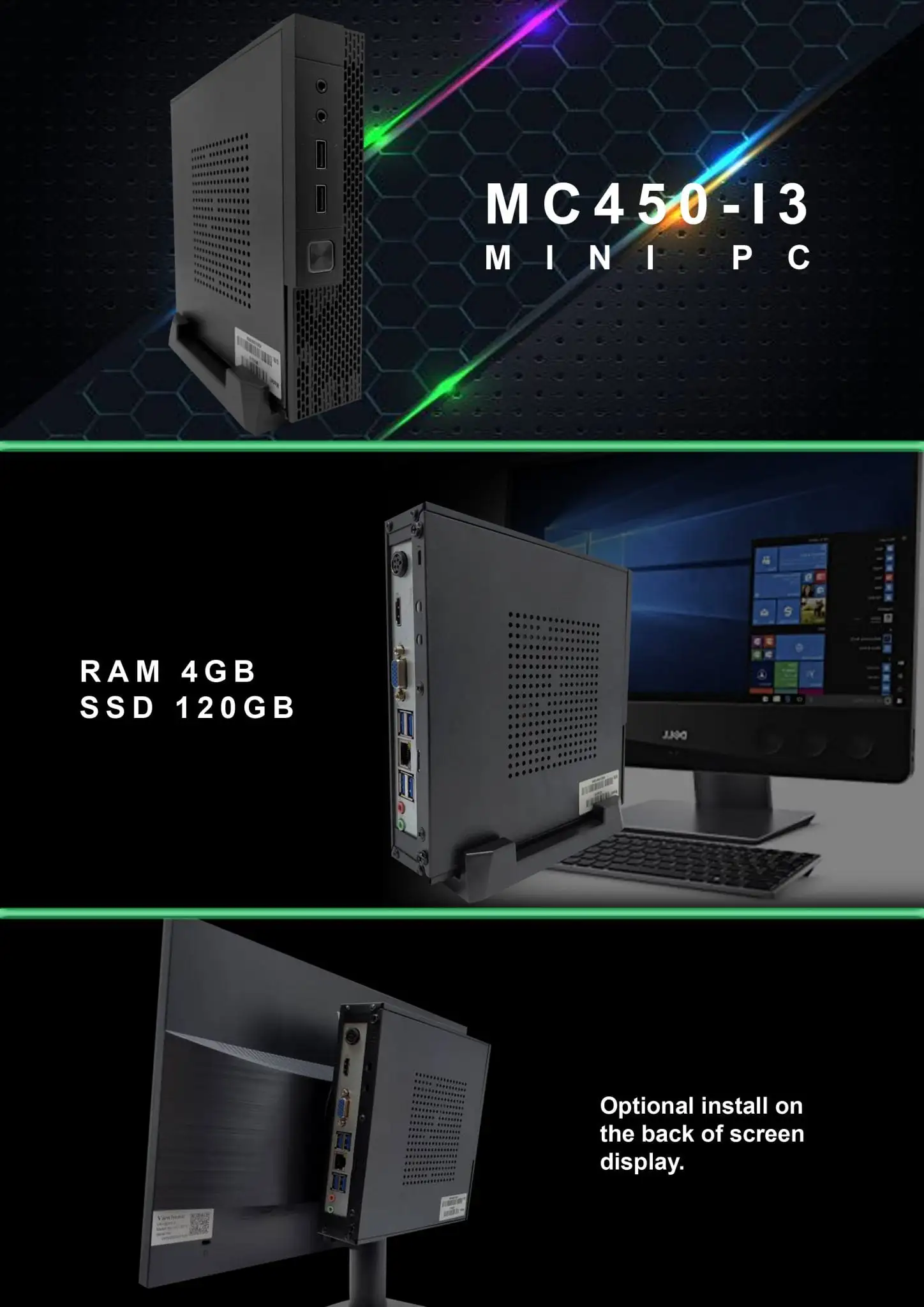 MC450-I3 mini PC promotional image with specifications showing 4GB RAM, 120GB SSD, and desktop setup example
