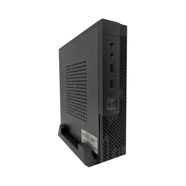 MC450-Mini-Pc Compact black mini PC with ventilation grille, USB ports, and vertical stand for space-saving desktop computing