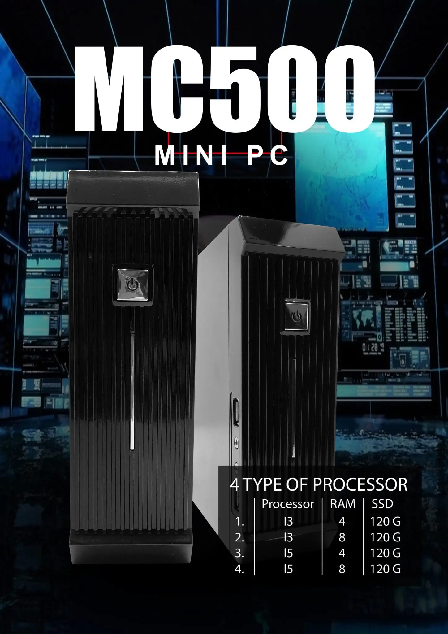 MC500 mini PC series promotional graphic showing dual units with processor configurations and futuristic backdrop