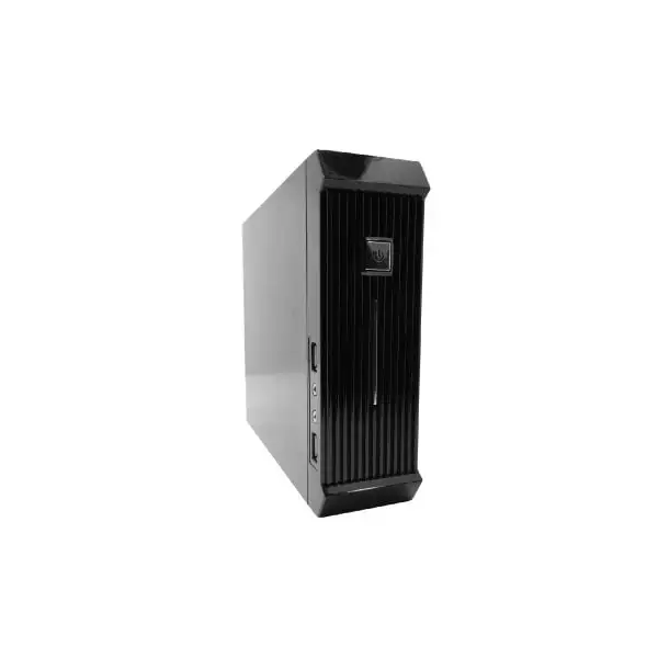 MC500-Mini-Pc Gray and black desktop mini PC with vertical ribbed design and front power button for office environments