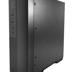 Angled mini PC with ribbed side panel design showing front ports and compact professional desktop form factor