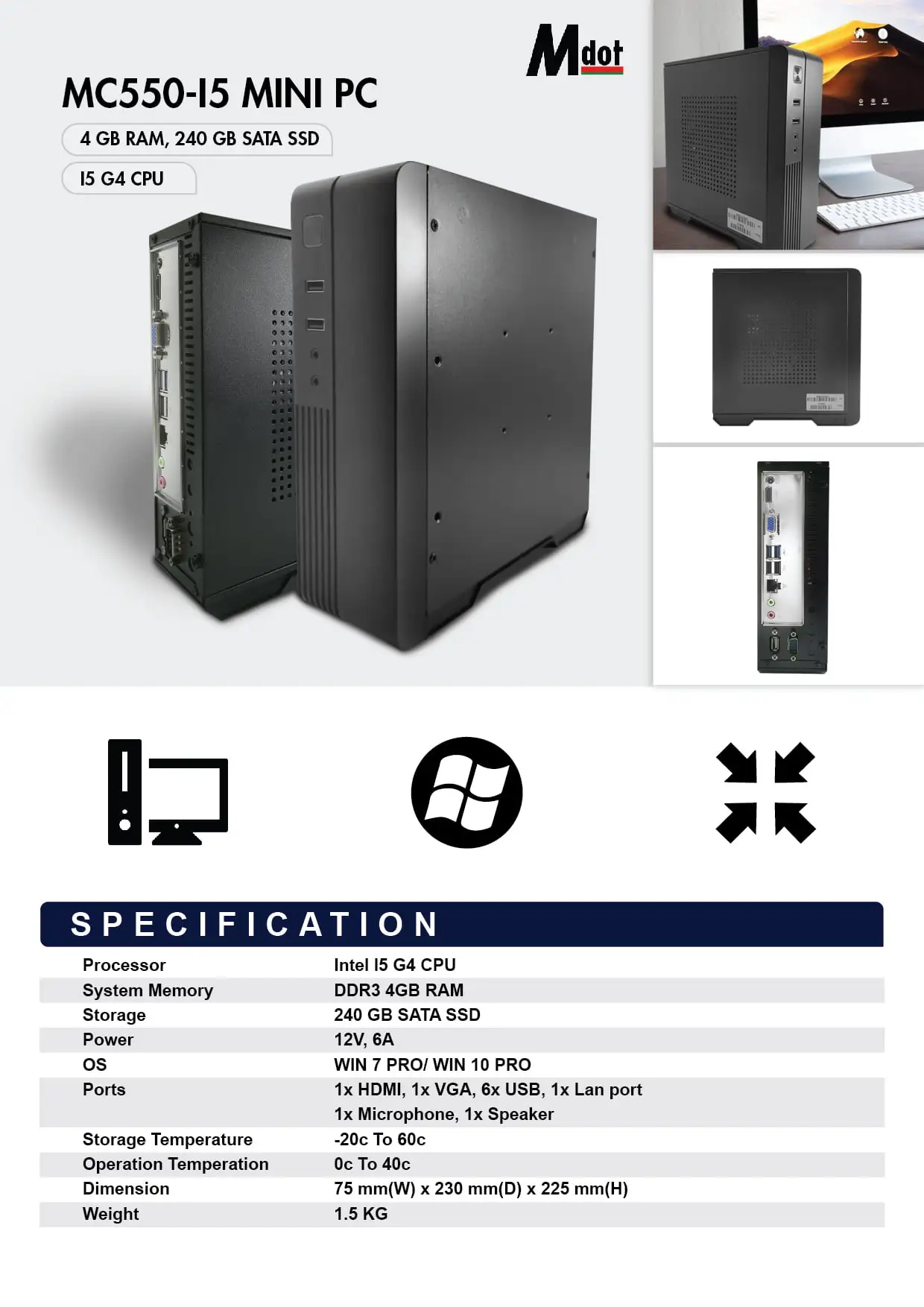MC550-I5 mini PC specifications sheet showing 4GB RAM, 240GB SSD, Intel i5 processor, and connectivity details