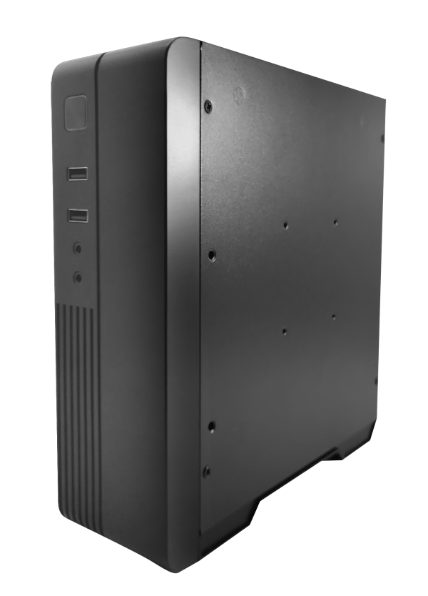 MC550-Mini-Pc Angled mini PC with ribbed side panel design showing front ports and compact professional desktop form factor