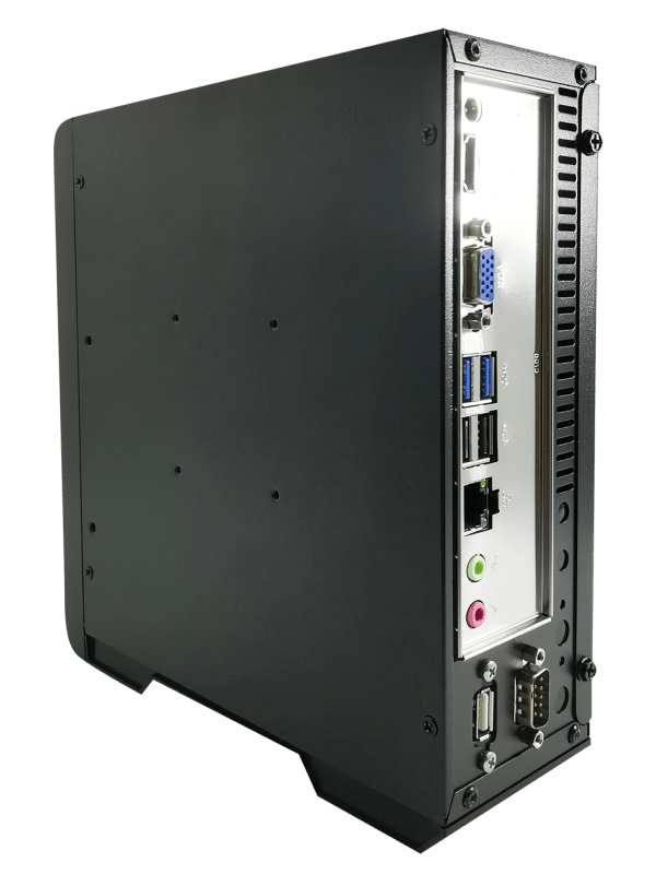 MC550-Mini-Pc2 Desktop computer with exposed rear interface showing comprehensive port selection and modular design approach