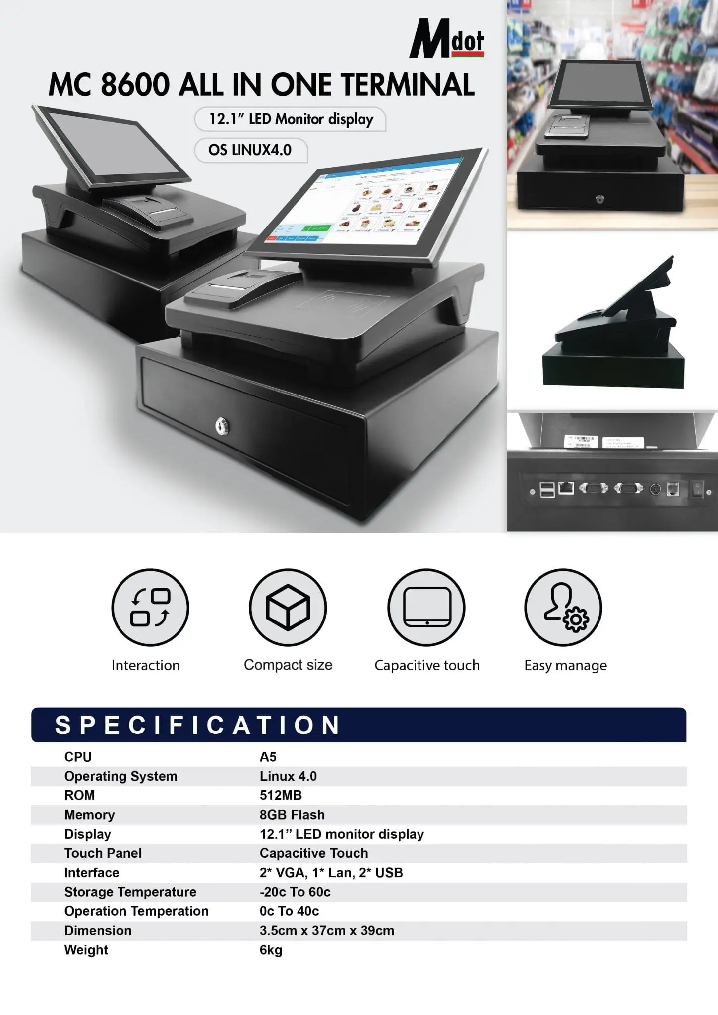 MC 8600 all-in-one POS terminal specification featuring Linux OS and integrated retail management features