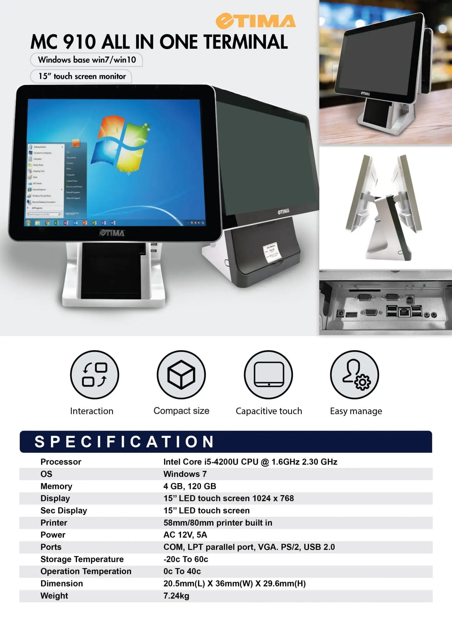 MC 910 all-in-one POS terminal specification showing Windows desktop and technical features