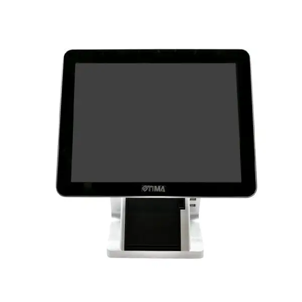 MC910-Intel-I5-Pos-Terminal2 Front view OTIMA POS terminal with black screen and white base for retail applications