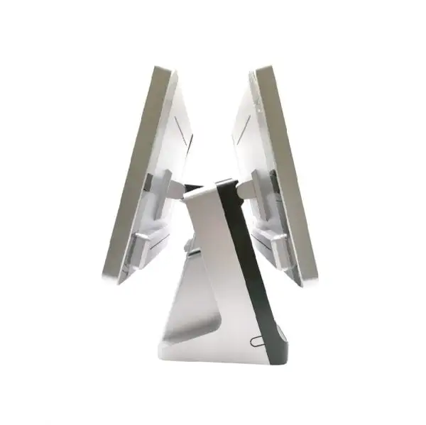 MC910-Intel-I5-Pos-Terminal3 Back perspective of point-of-sale terminal displaying dual screen mounting and port accessibility