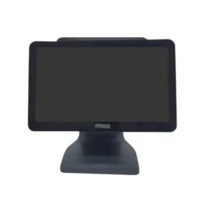 Black eTIMA POS terminal with touch screen display and stable desktop stand for retail operations