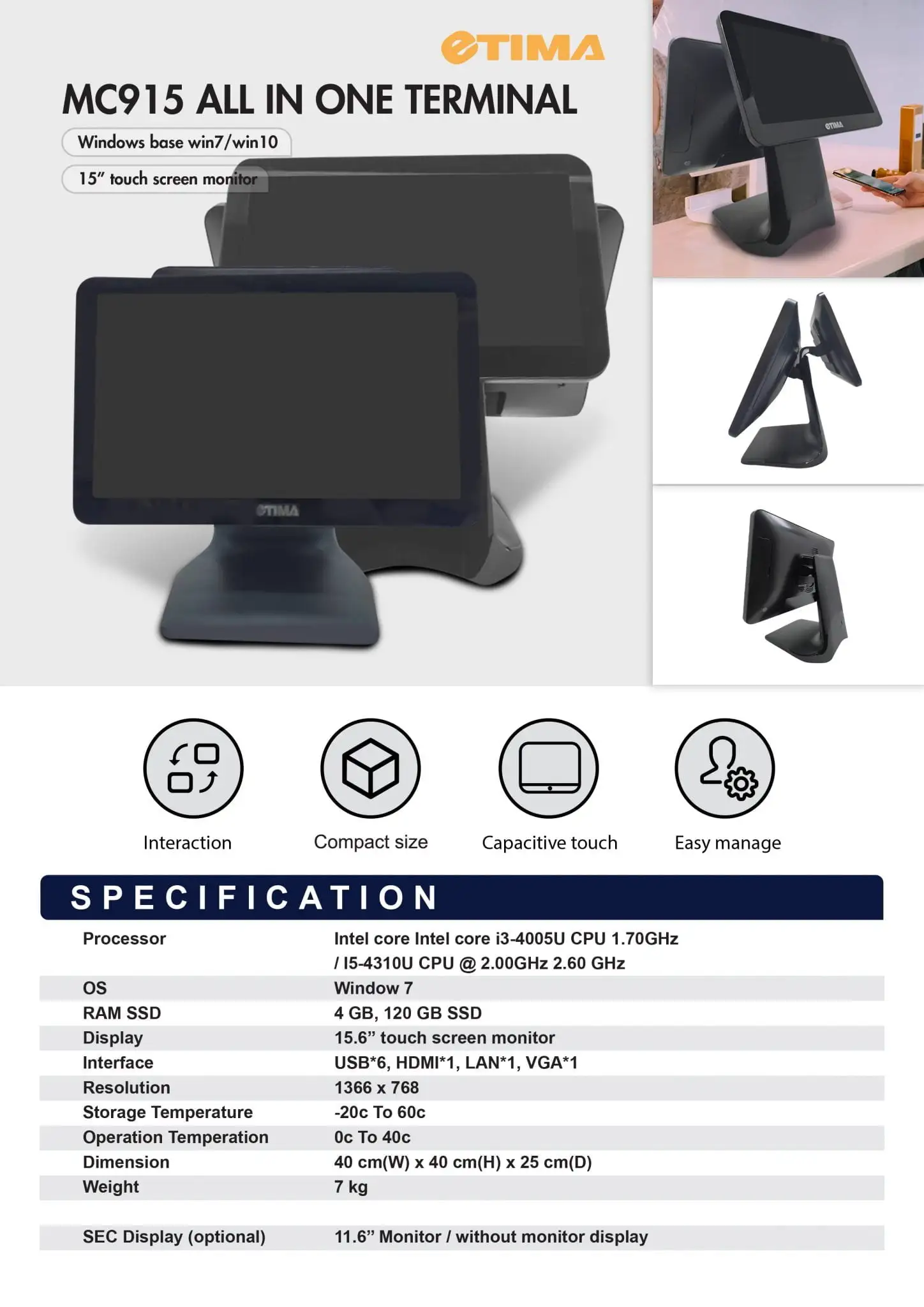 MC915-I3 all-in-one POS terminal specifications with dual screen and Windows compatibility