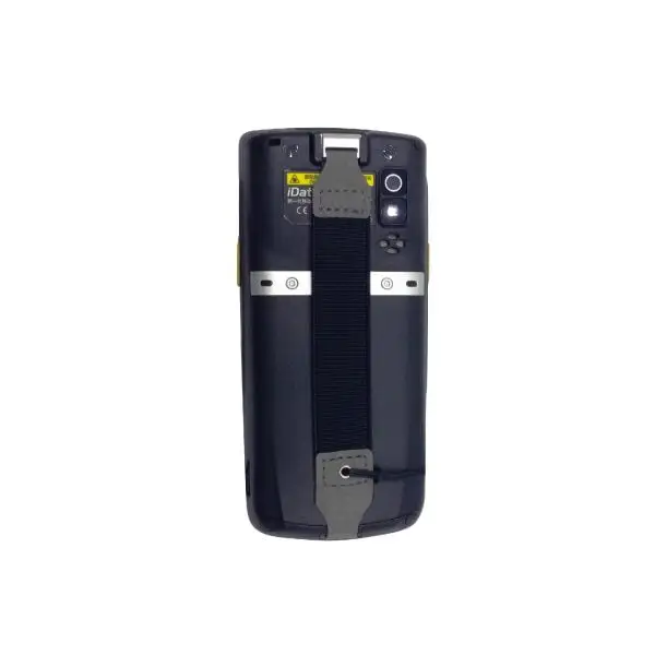 MC95V-Mobile-Pos4 Rear view of mobile POS device showing battery compartment, hand strap, and technical specification labels