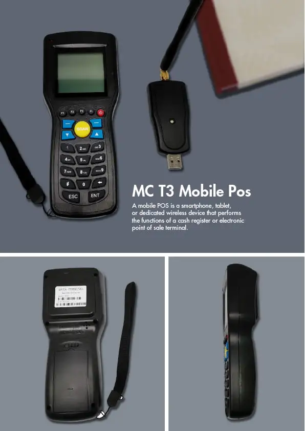 MC T3 mobile POS system showcase featuring wireless terminal, USB dongle, and multiple device angles display