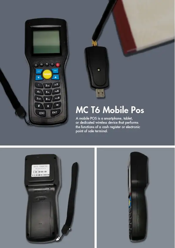 MC T6 mobile POS system showcase featuring wireless terminal, USB dongle, and multiple device angles display