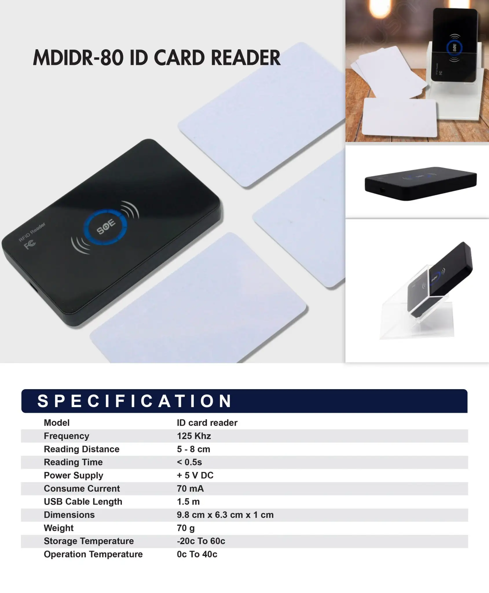 MDIDR-80 ID card reader with white access cards showing comprehensive specifications and multiple viewing angles