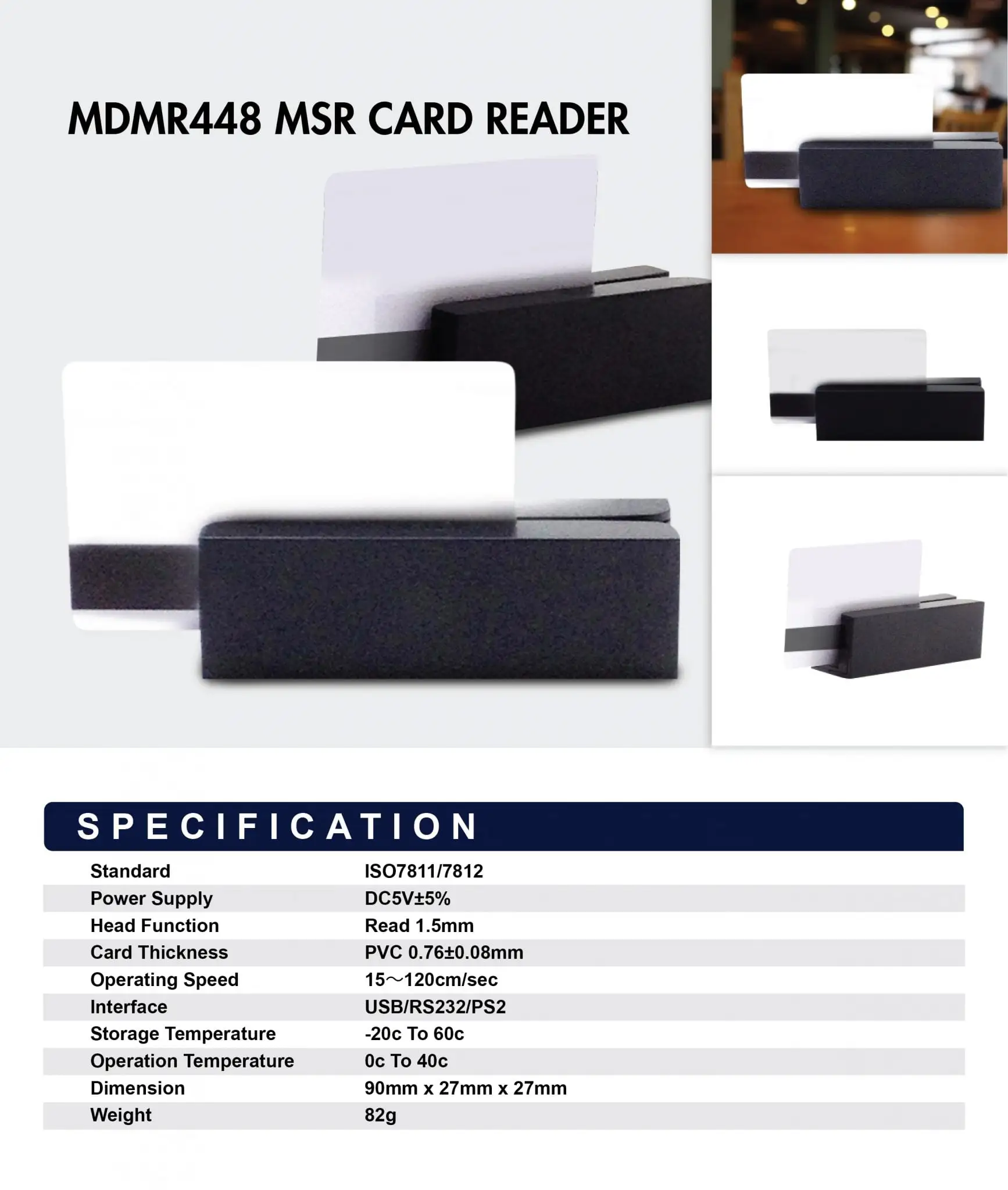 MDMR448 MSR card reader with white card insertion showing multiple angles and detailed technical specifications