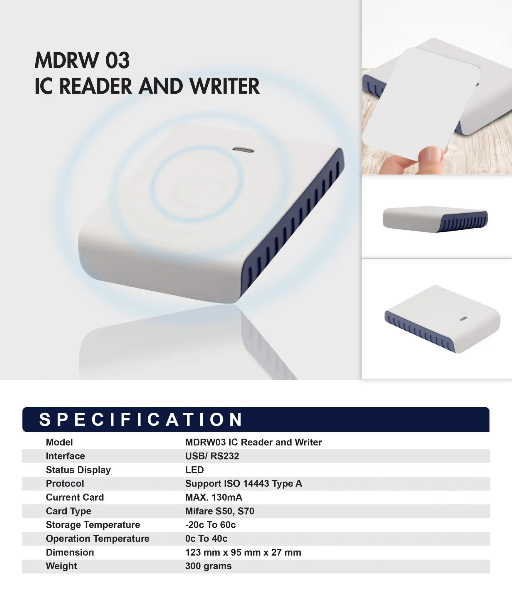 MDRW03 IC card reader and writer with comprehensive specifications and multiple viewing angles on display