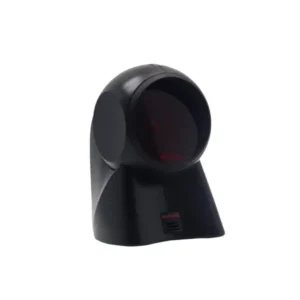 Black desktop omnidirectional barcode scanner with large circular scanning window and compact base design
