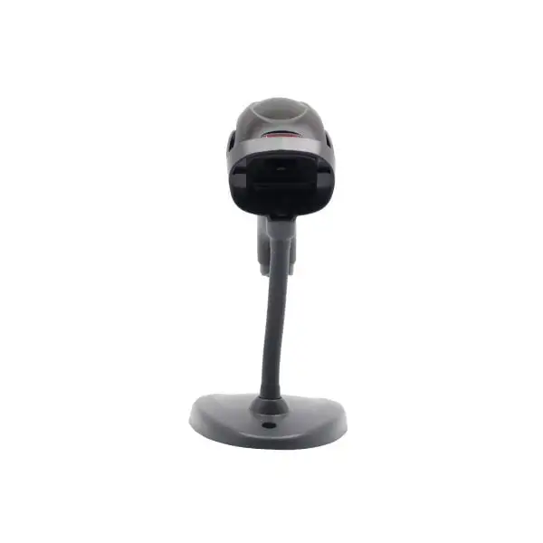 MP1250-Barcode-Scanner3 Black handheld barcode scanner positioned on desktop stand with flexible arm positioning