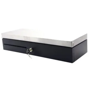 White and black flip-top cash drawer with secure lock mechanism and key for retail point of sale system