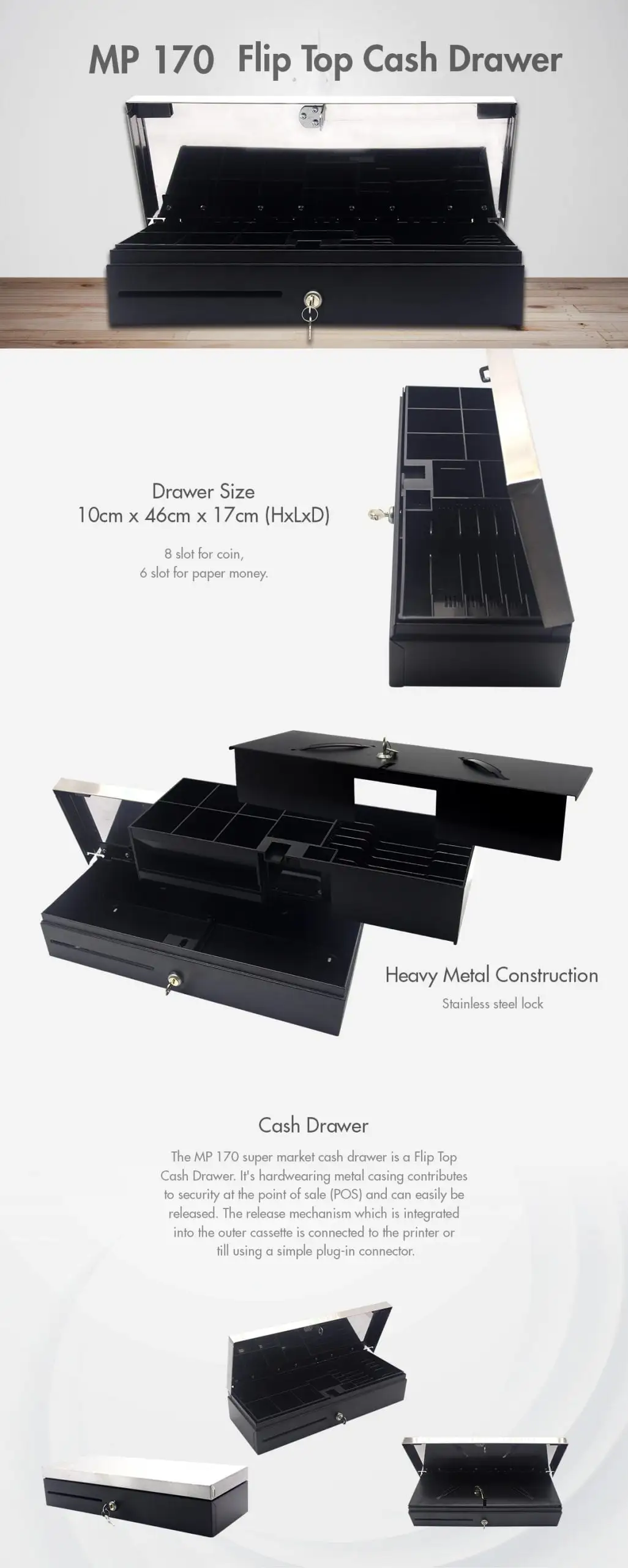 MP 170 flip top cash drawer with specifications showing 10cm height and comprehensive money organization features