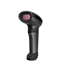 Gray handheld barcode scanner with red scanning window and ergonomic pistol grip design