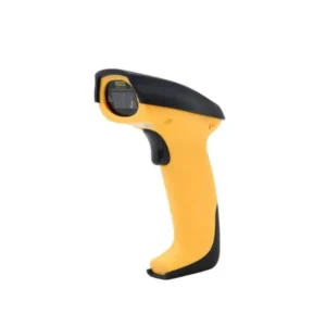 Yellow handheld barcode scanner with black accents and LCD display on scanning head
