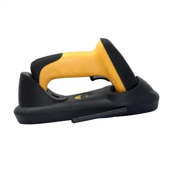 MP2018-X5-Barcode-Scanner1 Yellow barcode scanner positioned in black wireless charging cradle with power indicators