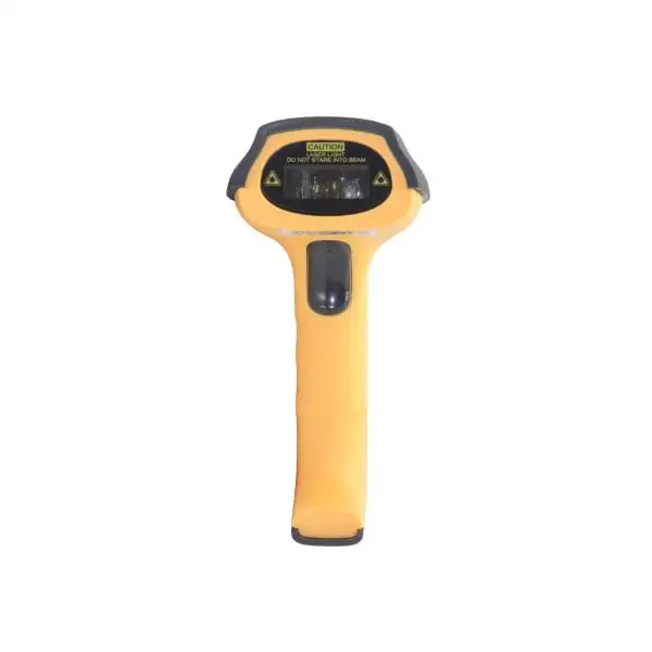 MP2018-X5-Barcode-Scanner2 Front view of yellow handheld barcode scanner with LCD display and caution warning labels