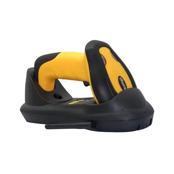 MP2018-X5-Barcode-Scanner3 Yellow barcode scanner resting in black charging cradle showing wireless power connection