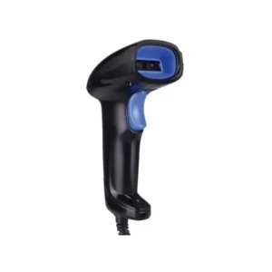 Black handheld barcode scanner with blue accent grip and pistol-style ergonomic design